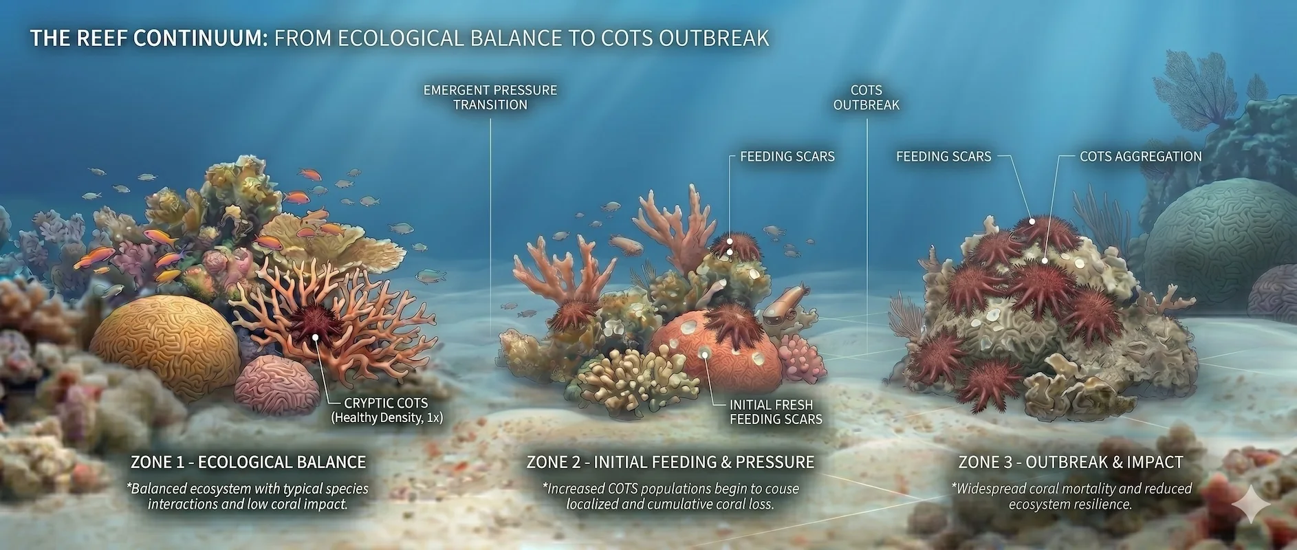 Illustrated reef continuum from ecological balance to crown-of-thorns outbreak